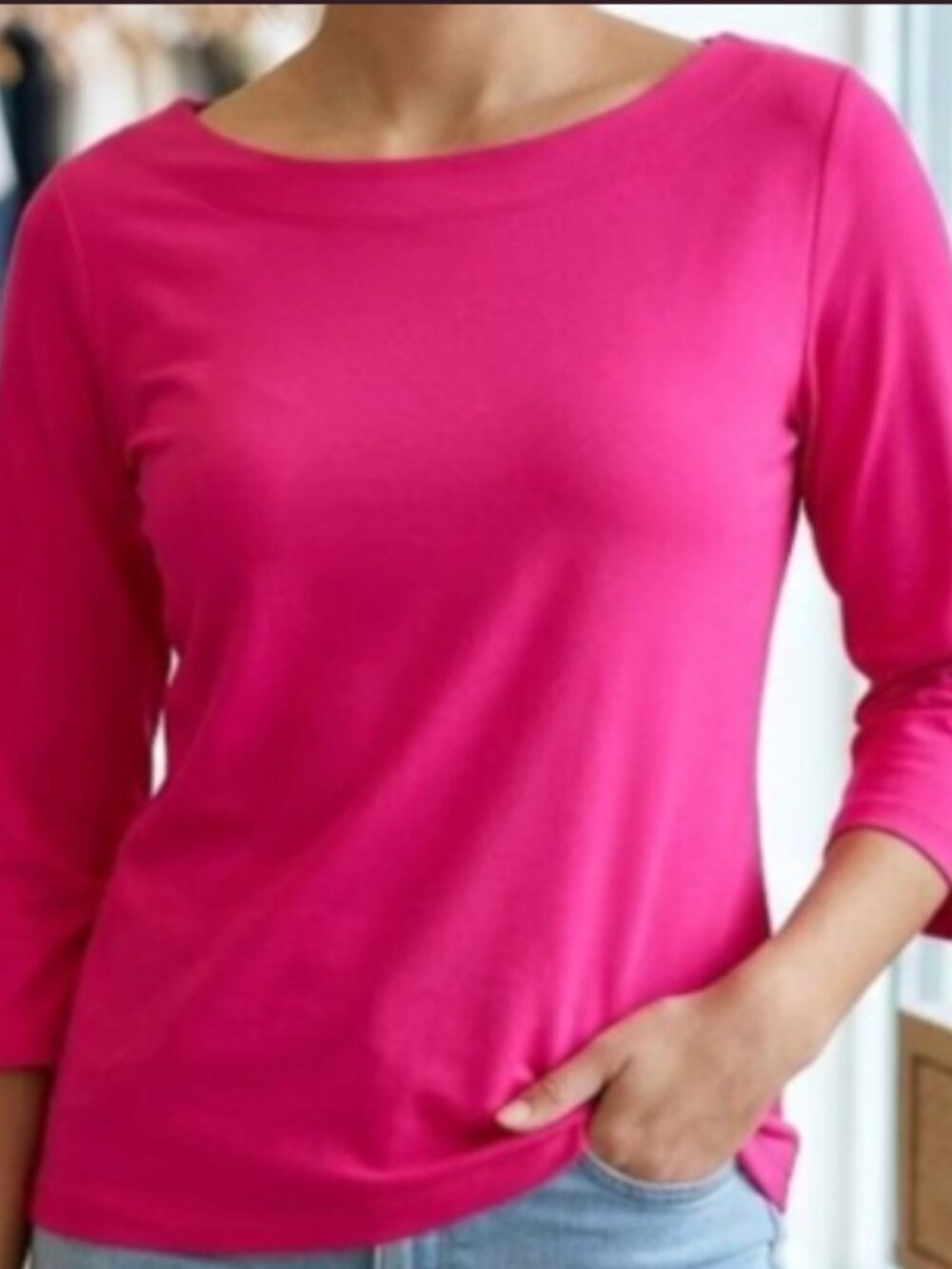 Susan Graver Vibrant Pink Knit Top Career Casual Blouse 3/4 Sleeve Shirt